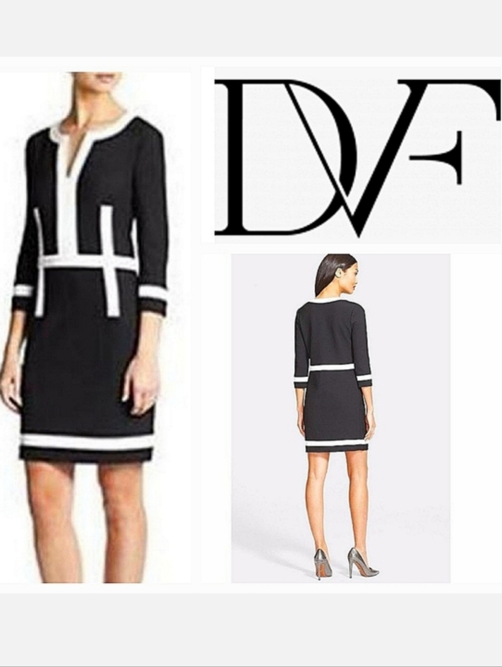 Diane Von Furstenberg PETRA Shift Dress ¾ Sleeve Black/White Colorblock Sz 10
